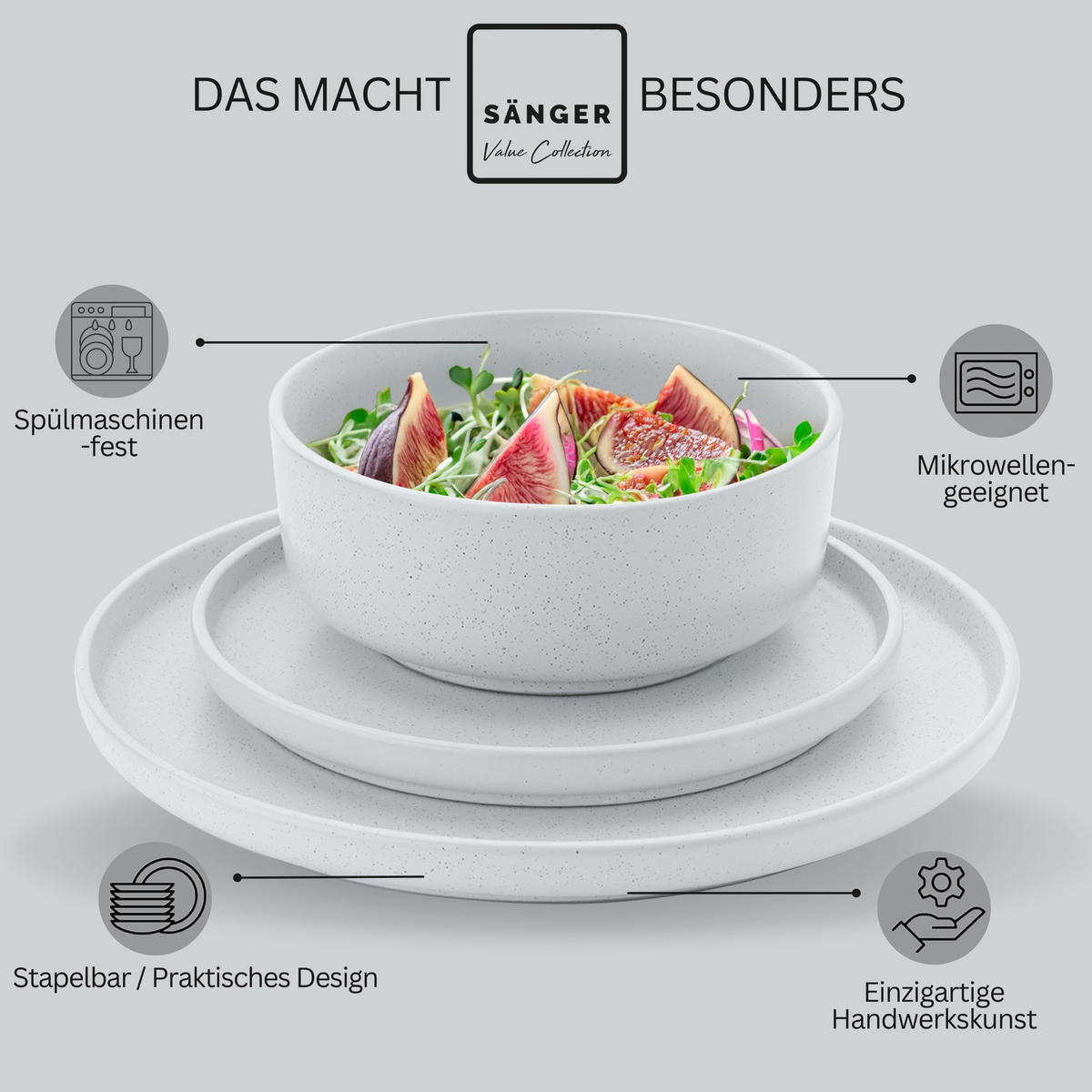 TAFELSERVICE LEEDS FROST - 24 teilig aus Steingut - Weiß, Stein (26.5/6.5/26.5cm) - Sänger