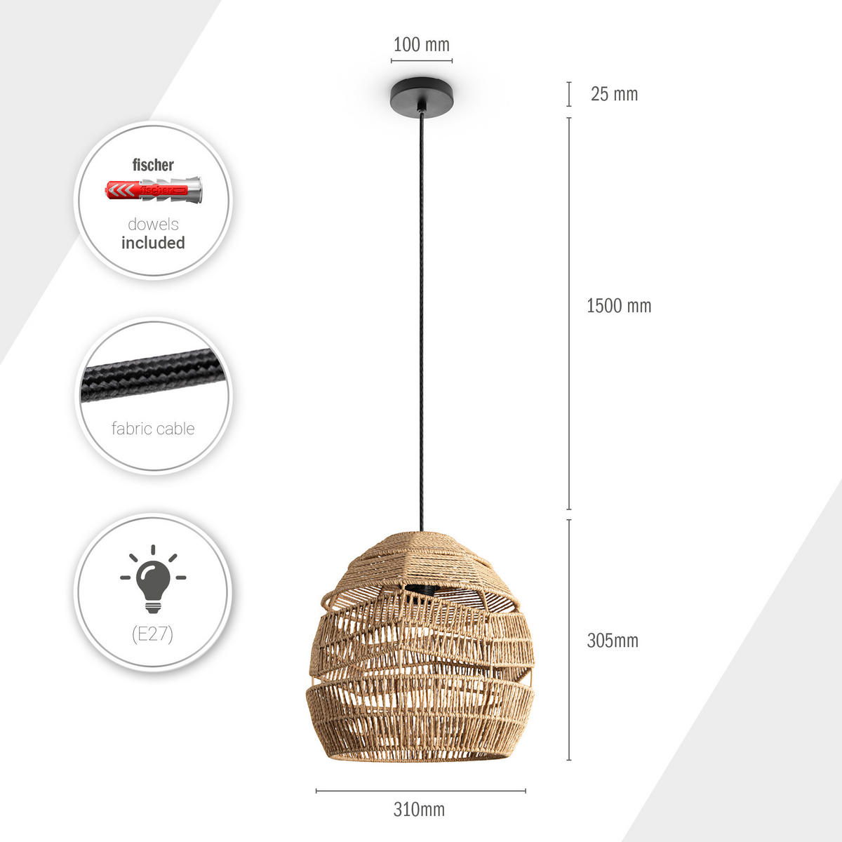 PENDELLEUCHTE Villa L - Beige/Schwarz, Metall (31/31/30cm) - Paco Home