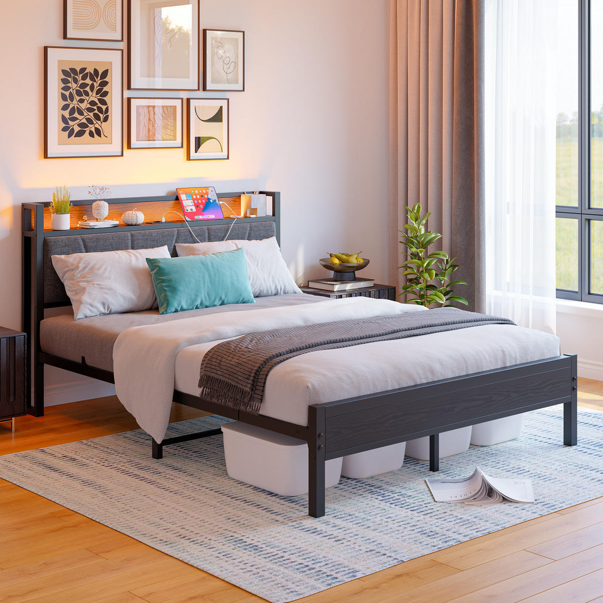 METALLBETT 140/200 cm Schwarz mit LED und USB - Schwarz, Metall (140/200cm) - Oxeza