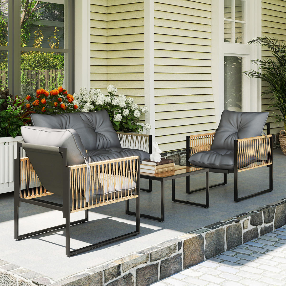 GARTENMÖBEL-SET DE-06709 4-teilig mit Sofa, 2 Stühlen & Glastisch Anthrazit - Dunkelgrau, Kunststoff/Metall - ComfortXL