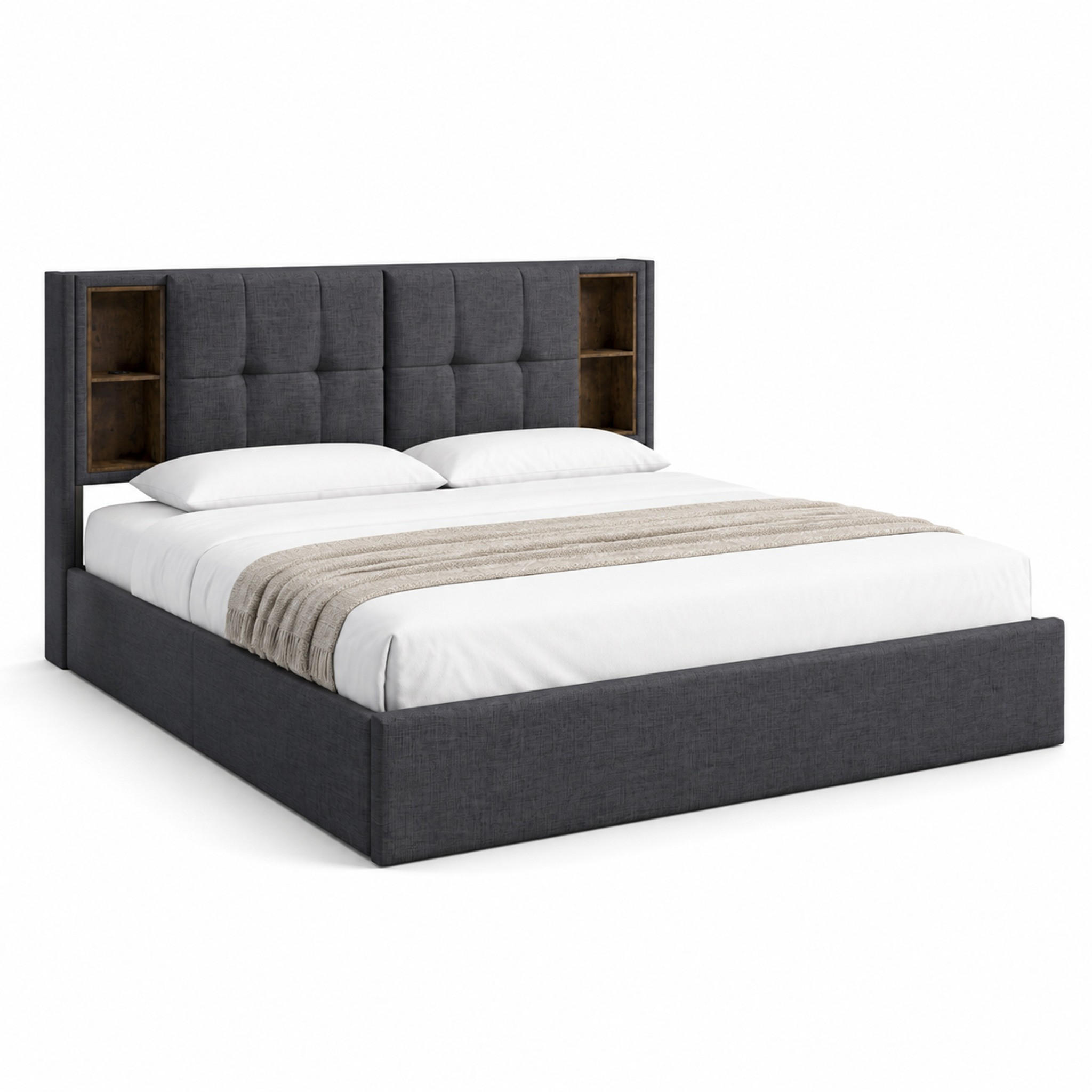BETT mit kabellosem Laden & 4 Schubladen 160x200 cm Leinen Grau mit Matratze - Grau, Metall (160/200cm) - Meubliv