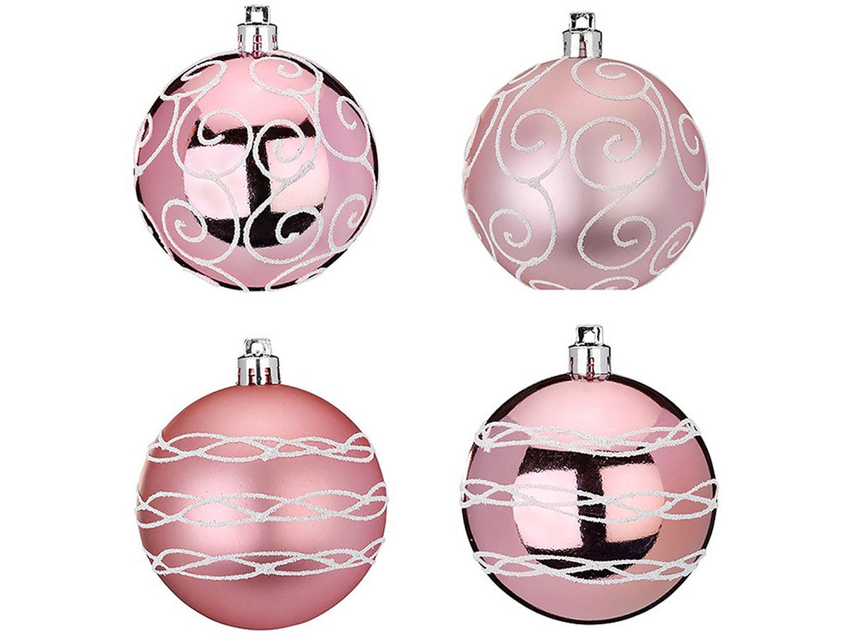 LAALU CHRISTBAUMKUGEL-SET 4 Ornamenten: Dekorationen rund rosa mit Dekor-Mix 8 cm - Rosa, Kunststoff (0.01/1/0.01cm) - LAALU