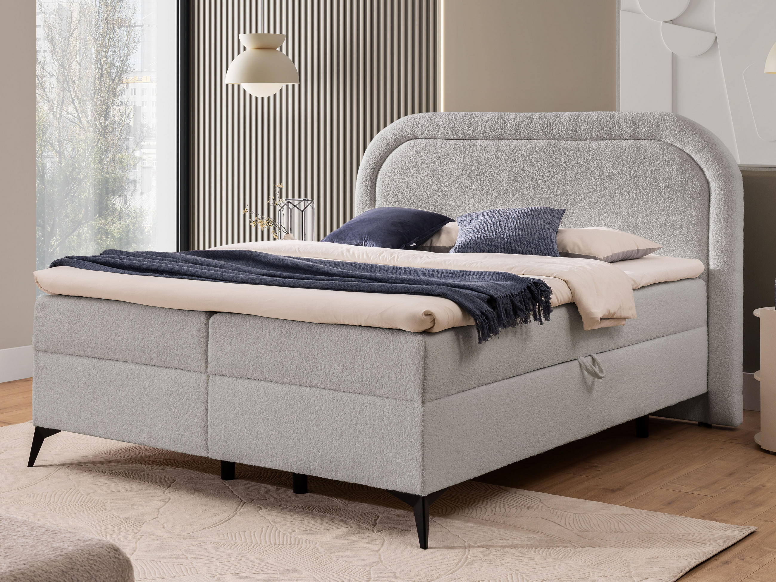 BOXBETT Sonna 160/200 cm Hellgrau Bouclé-Stoff mit abgerundetem Kopfteil und mit schwarzen Metallfüße - Hellgrau/Schwarz, Holz/Textil (160/200cm) - S-Style Möbel