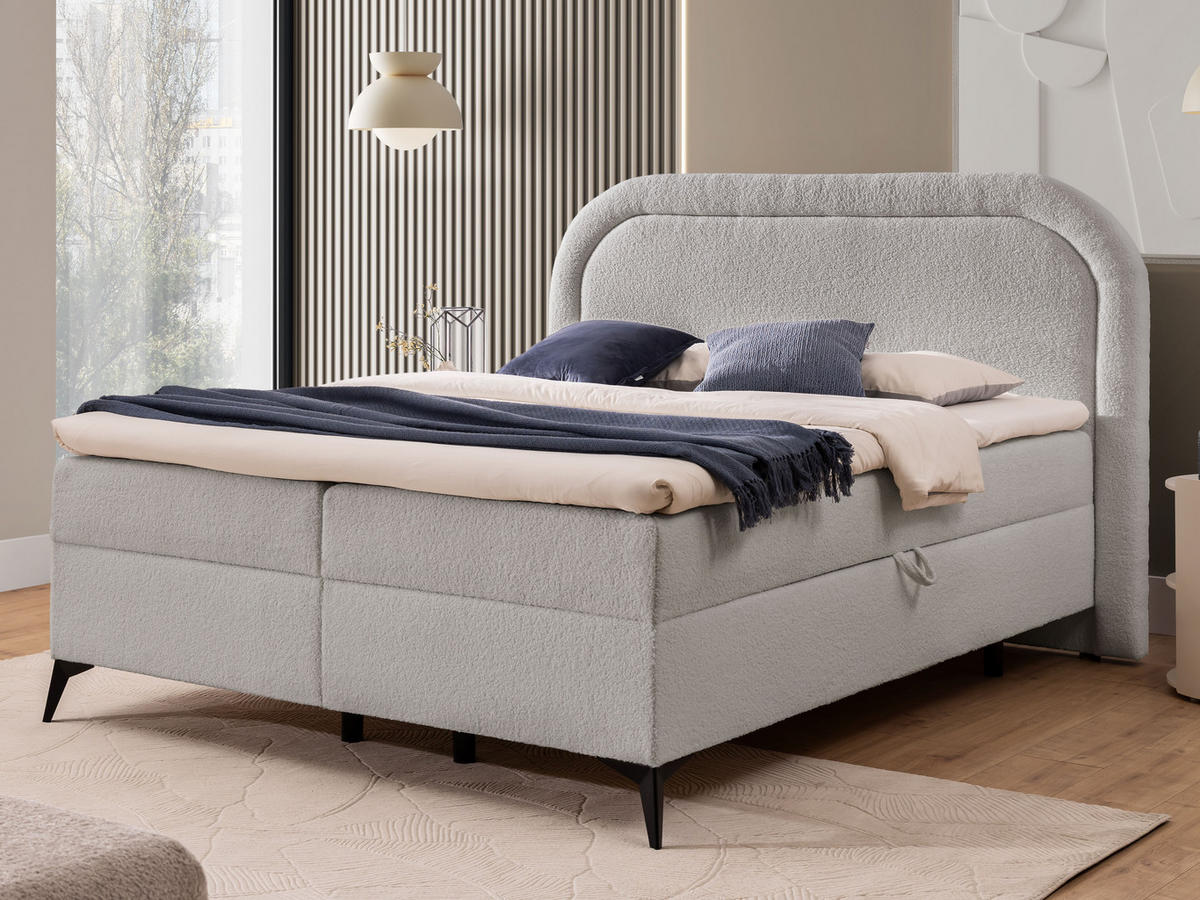 BOXBETT Sonna 160/200 cm Hellgrau Bouclé-Stoff mit abgerundetem Kopfteil und mit schwarzen Metallfüße - Hellgrau/Schwarz, Holz/Textil (160/200cm) - S-Style Möbel