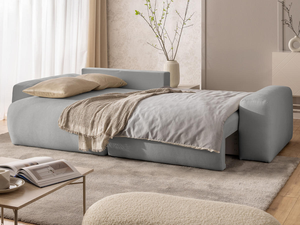 ECKSOFA Puffy mit Schlaffunktion und Bettkasten - besonders weich und puffig aus Grau Webstoff - Ottomane links - Schwarz/Grau, Holz/Kunststoff (138/266cm) - S-Style Möbel