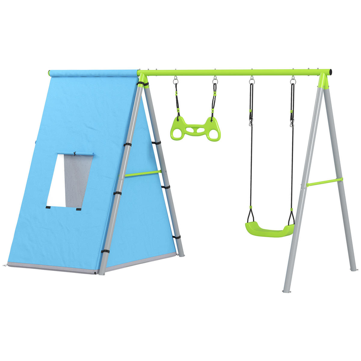 SCHAUKELSET 3-in-1 DE-09327 mit Zelt & Turnringen Grün - Grün, Metall (180/283cm) - ComfortXL