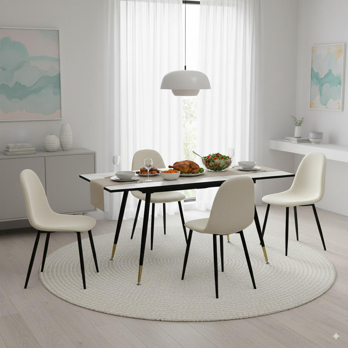ESSTISCH SET mit ausziehbarem Tisch und 4 bequemen Stühlen - Beige/Schwarz, Holzwerkstoff/Metall (80/75/160cm) - Urban Meuble