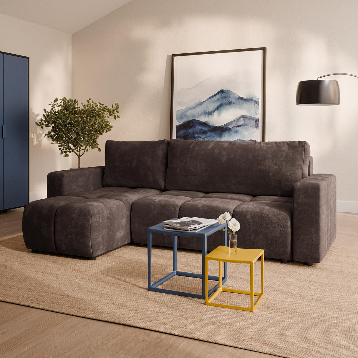 ECKSOFA RAMIL Braun Chenille mit Schlaffunktion - Braun, Holz (240/149cm) - MASSENO