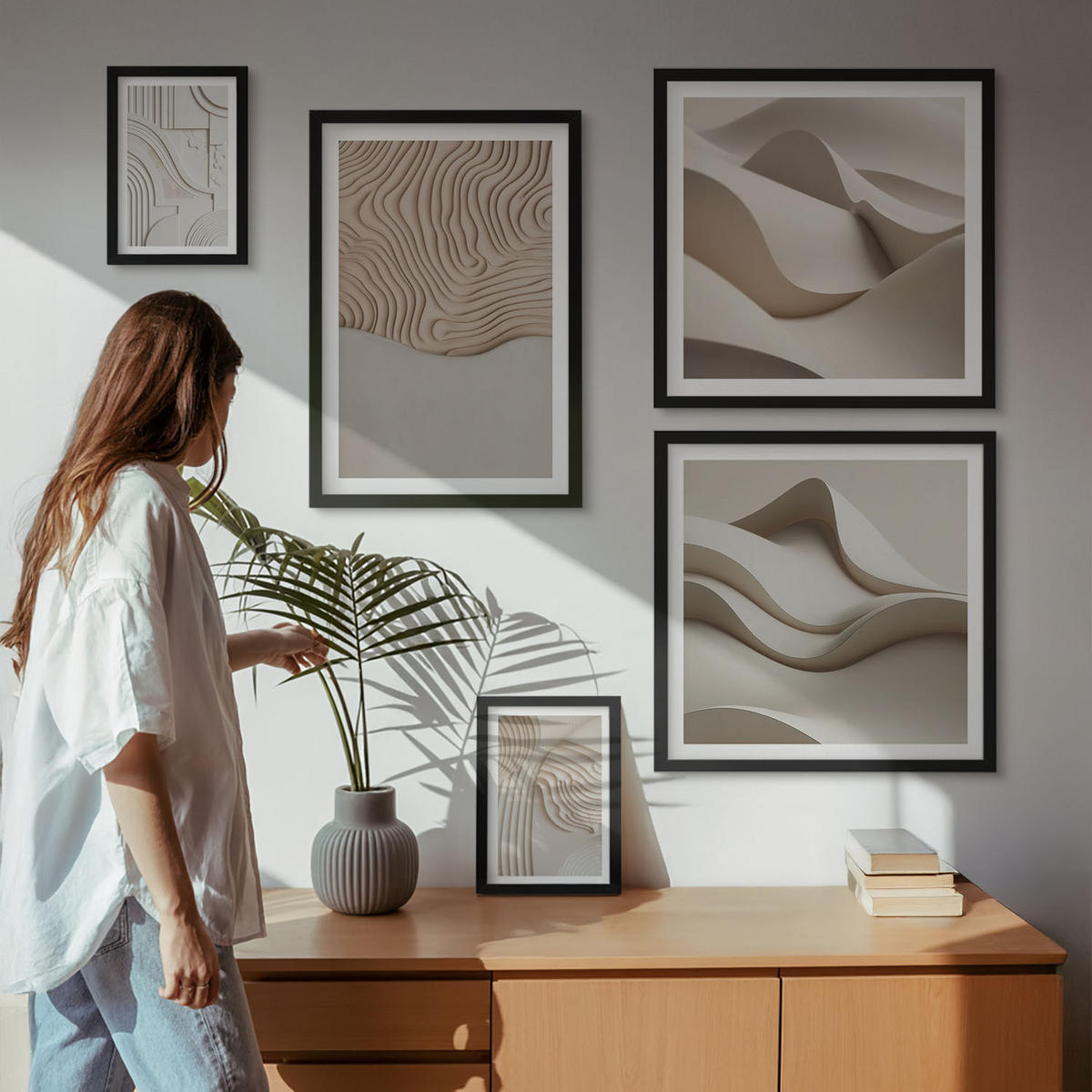 WANDBILDER 5er-Set - 50x50 cm & 20x30 cm & 40x60 cm Schwarzer Rahmen - Abstrakte Wellen auf dem Sand - Schwarz, Kunststoff (40/60cm) - ArtPrintCave