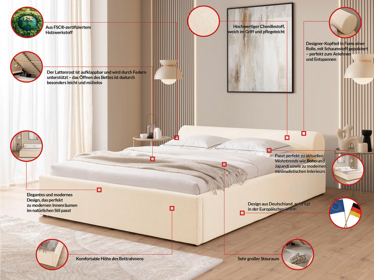 POLSTERBETT 160/200 cm Josy im Designer-Look mit Bettkasten und Lattenrost aus Hellbeige Chenille-Stoff - Beige/Schwarz, Holz/Kunststoff (160/200cm) - S-Style Möbel