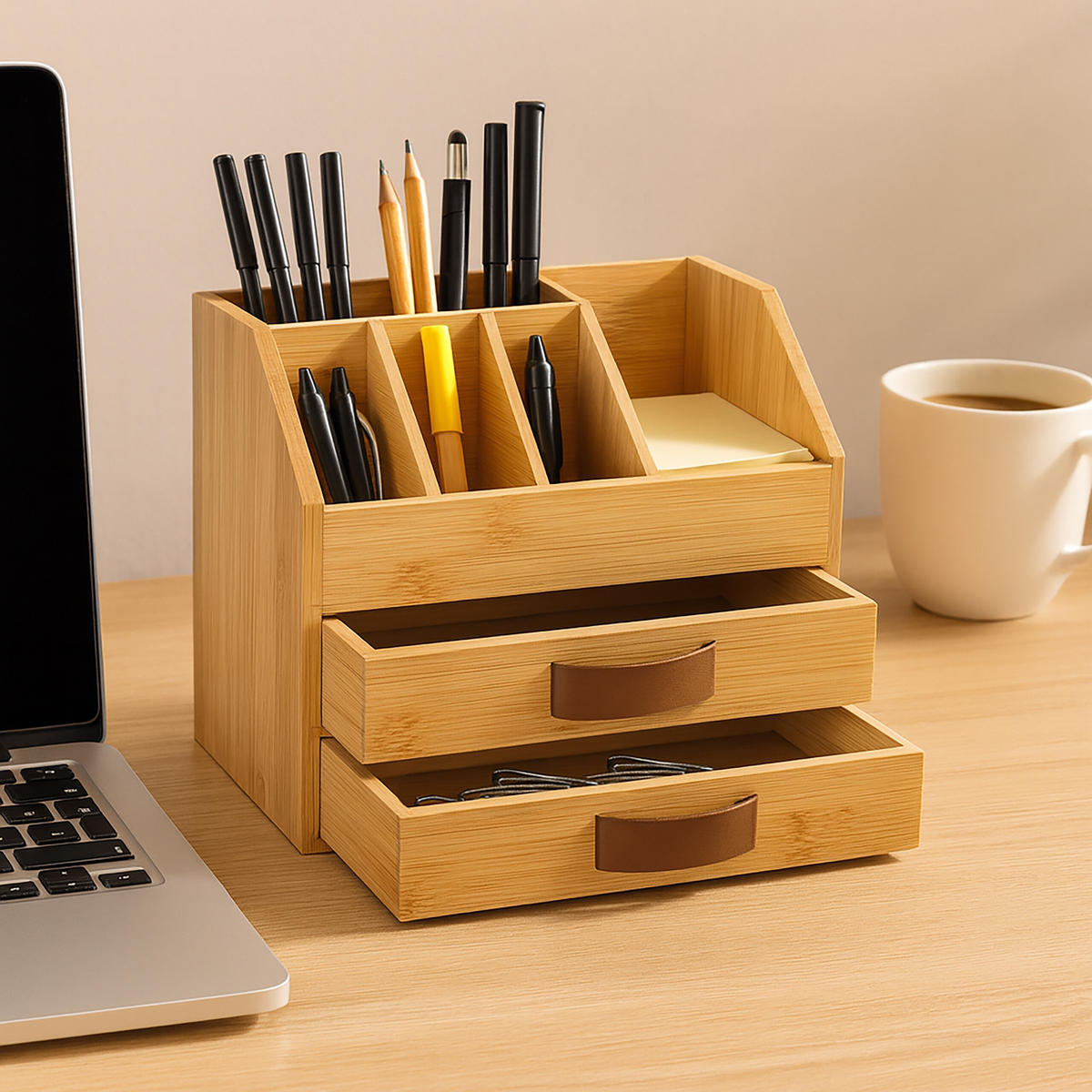 SCHREIBTISCHORGANIZER - Hellbraun, Holz/Kunststoff (14/24/19cm) - Relaxdays