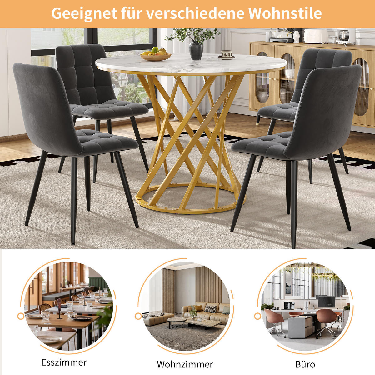 ESSTISCH 80/80/76 cm Weiß Gold runder Tisch mit marmorierter MDF-Platte und Metallbeinen - Goldfarben, Holzwerkstoff (80/80/76cm) - OKWISH