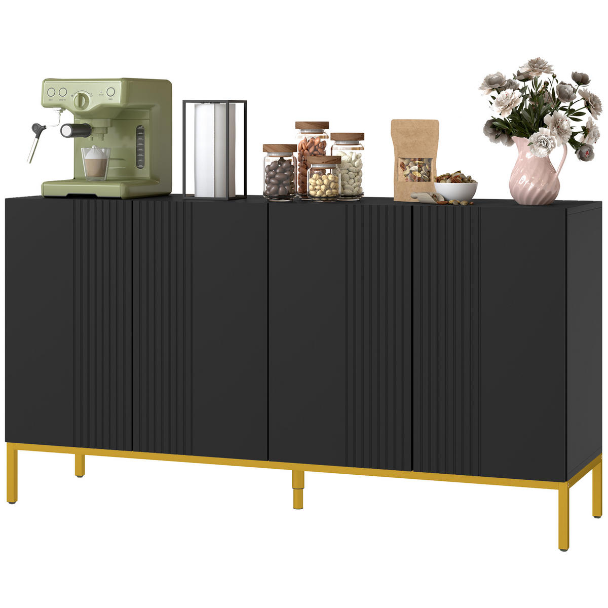 SIDEBOARD Schwarz und Goldfarben, 4 Türen, 140/40/75 cm - Schwarz, Holz (140/75/40cm) - PANGIVO
