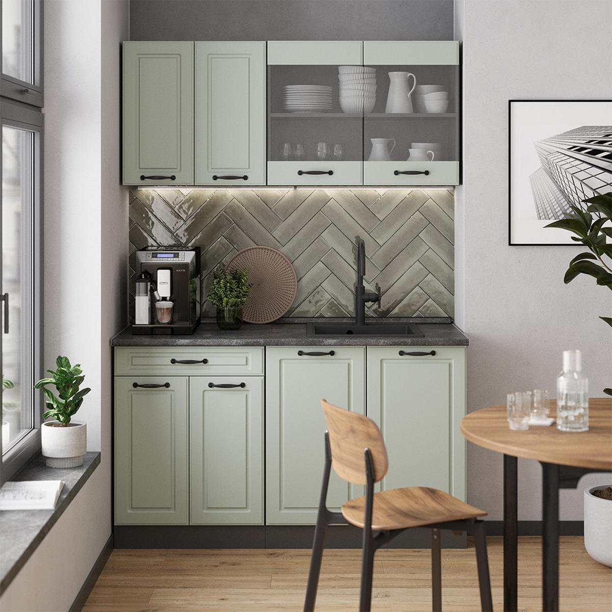 SINGLEKÜCHE R-Line, Mint Landhaus/Anthrazit, 140 cm Arbeitsplatte Goldkraft Eiche - Anthrazit/Grün, Holzwerkstoff (140/81.6/60cm) - Vicco