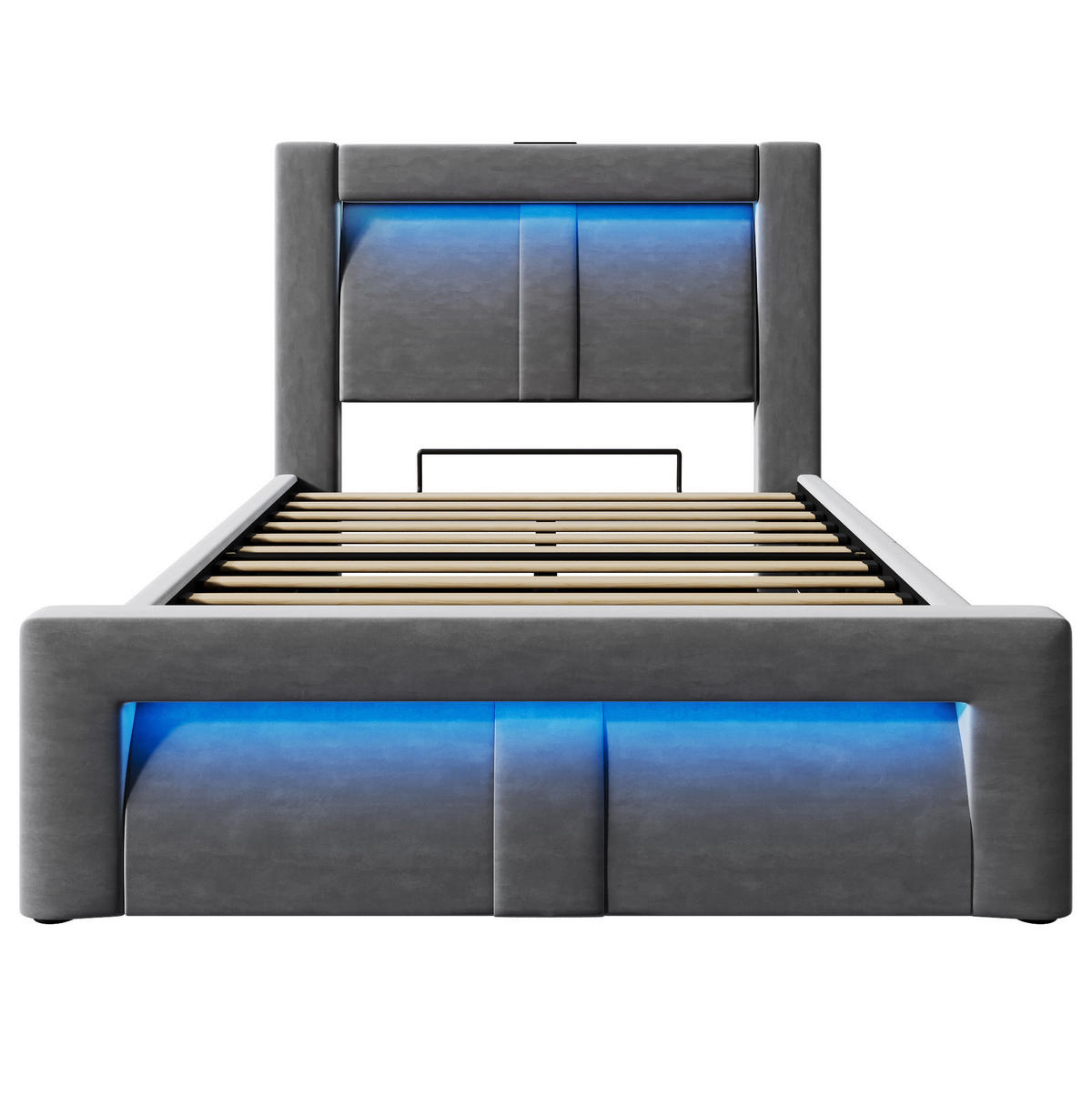 ČALÚNENÁ posteľ 90/200 cm sivá s LED osvetlením a úložným priestorom zo zamatu - sivá, textil (90/200cm) - OKWISH
