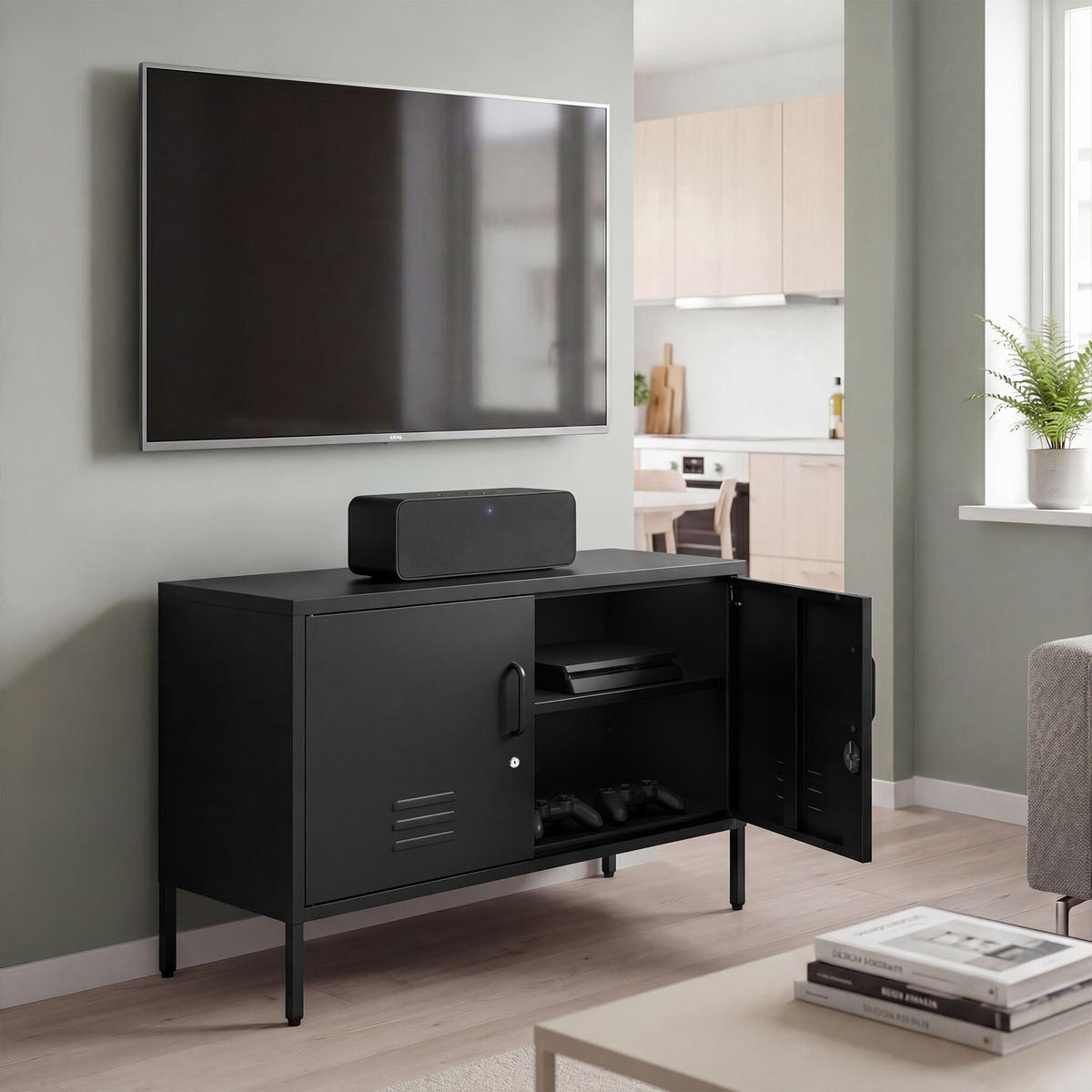 SIDEBOARD Baker, Kippschutz, höhenverstellbare Füße, schwarz - Schwarz, Metall (100/65/42.5cm) - tectake