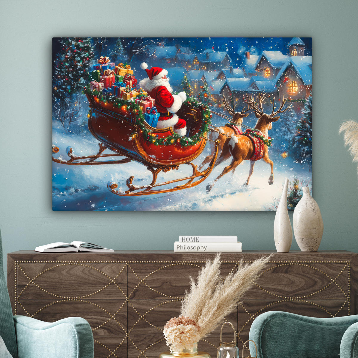 LEINWANDBILD Weihnachtsmann - Rentier - Weihnachten - Schnee XXL 150x100 cm - Cognac, Textil (150/100cm) - MuchoWow