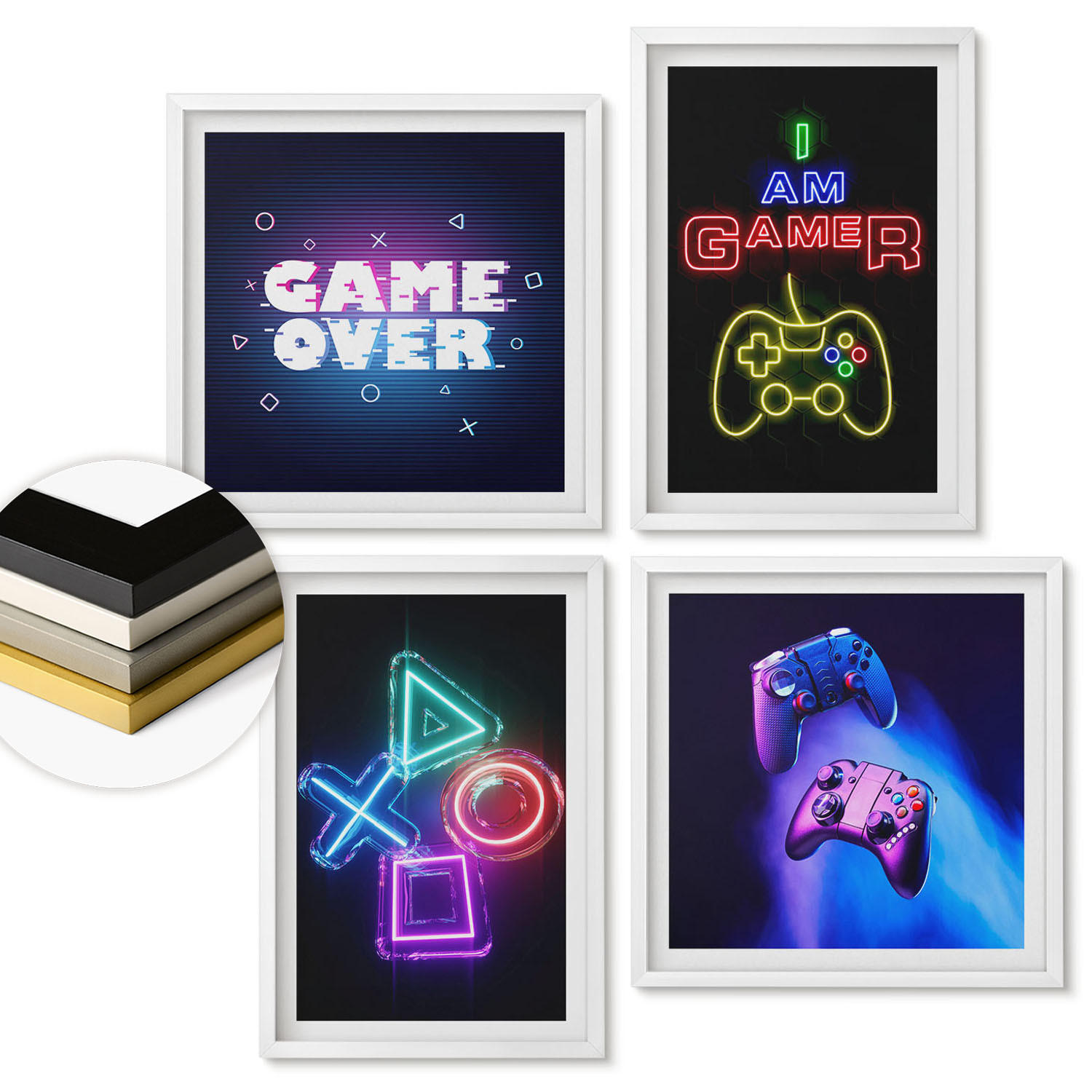WANDBILDER 4er-Set - 50x50 cm & 40x60 cm Weißer Rahmen - Gamepads, Spielersymbol-Untertitel - Weiß, Kunststoff (50/50cm) - ArtPrintCave