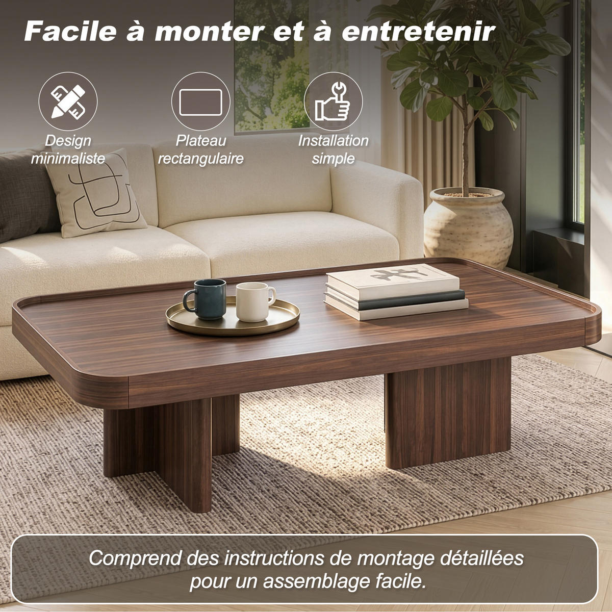 COUCHTISCH 100x50x35,5cm Walnuss-Optik Abgerundete Ecken Retro-Stil - Braun, Holz (111/55.5/14.5cm) - Raelunyi