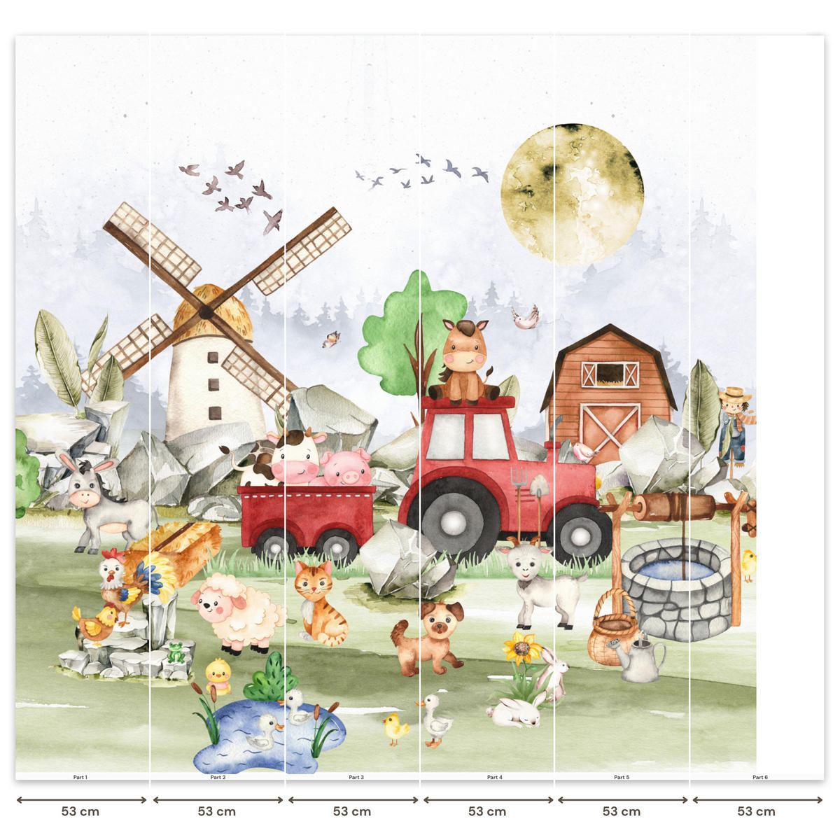 KINDERTAPETE - Bauernhof - Traktor - Kinder - Tiere - 300x300 cm - Weiß, Papier (300/300cm) - OnlyWow