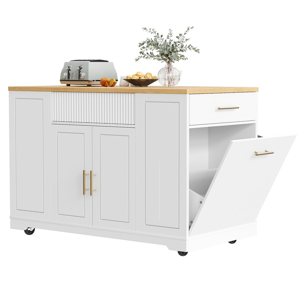 KUHINJSKI otok 120/50/92 cm z vrtljivimi kolesi, predalom za odpadke, 2 vrati in 3 predali, Bela - bela, leseni material (120/92/50cm) - Redom