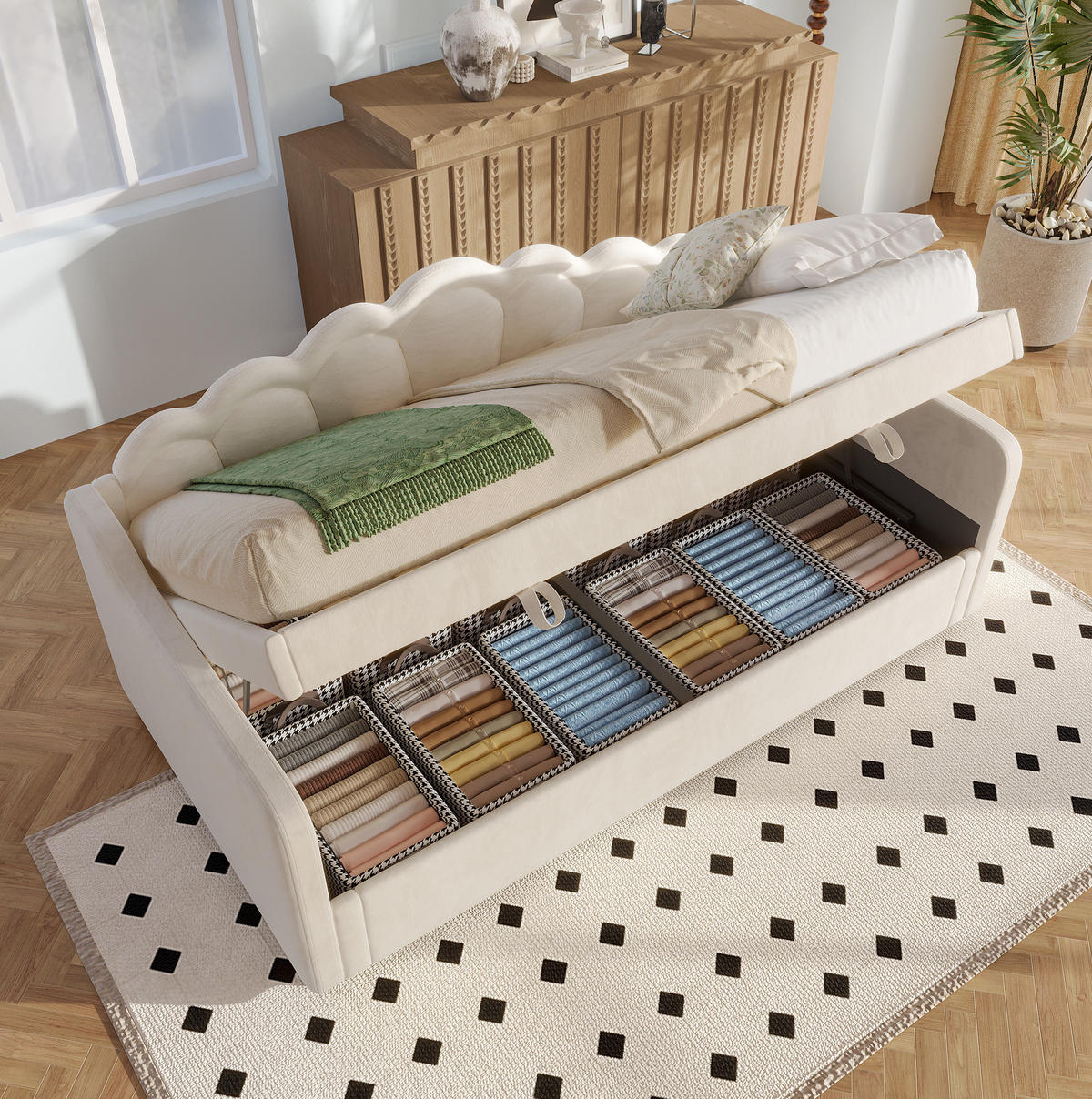 TAGESBETT 90/200 cm beige mit hydraulischem Stauraum und LED-Beleuchtung - Beige, Textil (90/200cm) - OKWISH