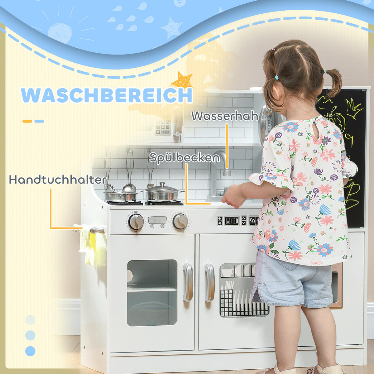 KINDERKÜCHE Spielküche mit Spielzeug Telefon, Kreidetafel, Mikrowelle, Herd Weiß - Weiß, Holzwerkstoff (83.8/26.8/81cm) - AIYAPLAY