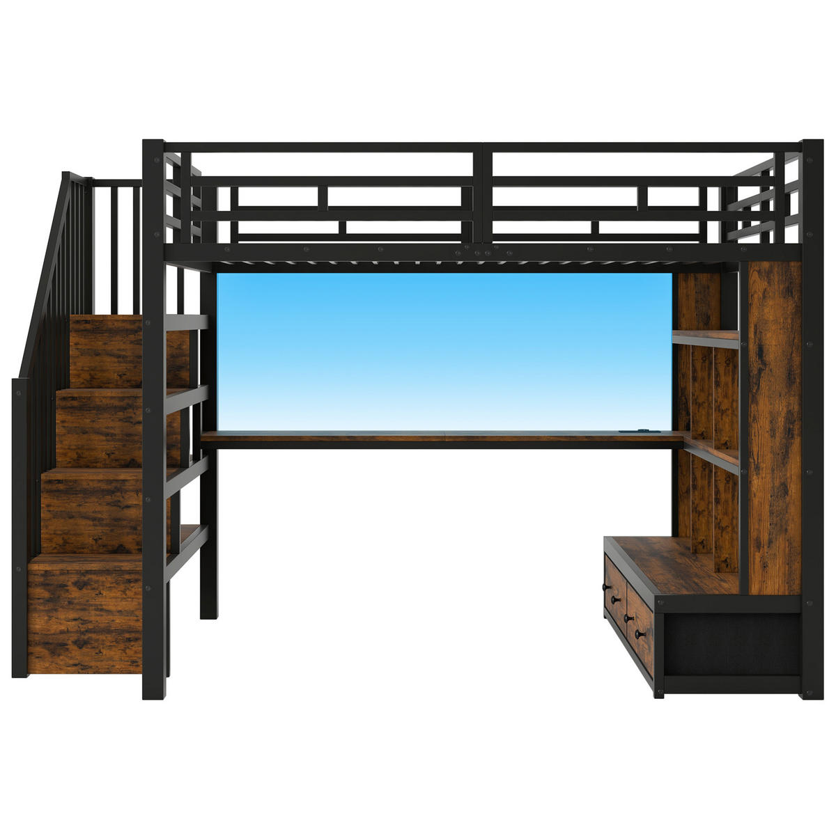 HOCHBETT aus MDF und Metall 140x200 cm Schwarz mit Schreibtisch, Regalen, Stauraumtreppe, LED und Schubladen - Schwarz, Holzwerkstoff (140/200cm) - Modfu