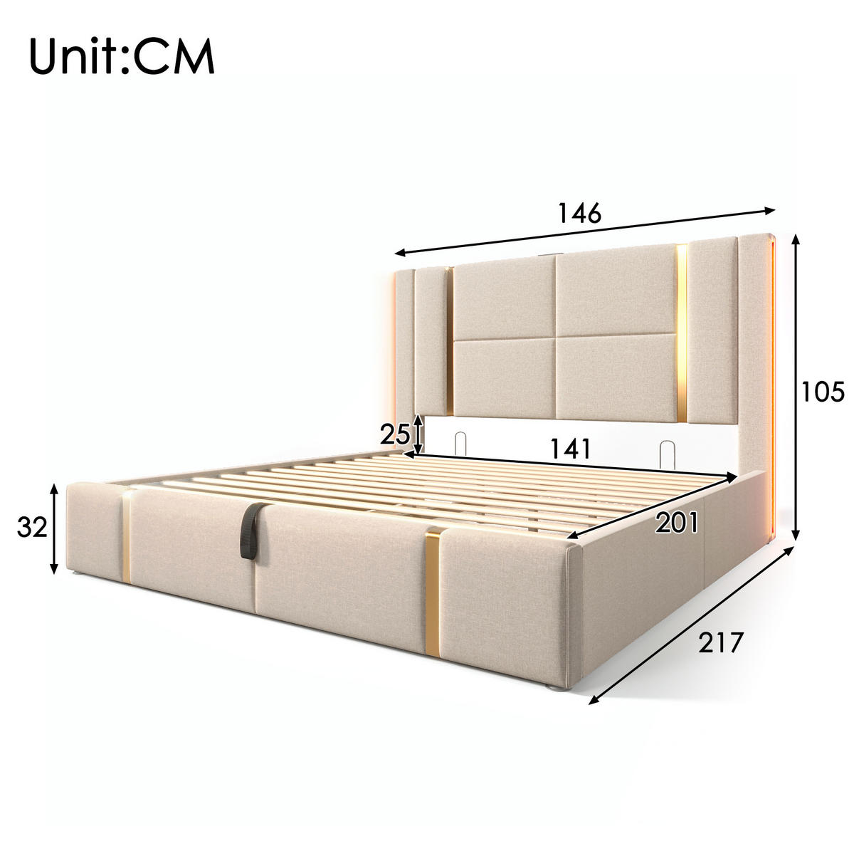POLSTERBETT mit Bettkasten 140/200 cm mit LED-Beleuchtung und USB/Type-C - Beige, Textil (140/200cm) - BEAOK