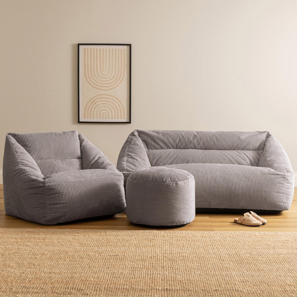 SITZSACK Sofa mit Sessel und rundem Hocker Cecilia - Grau, Textil (160/35/93cm) - icon