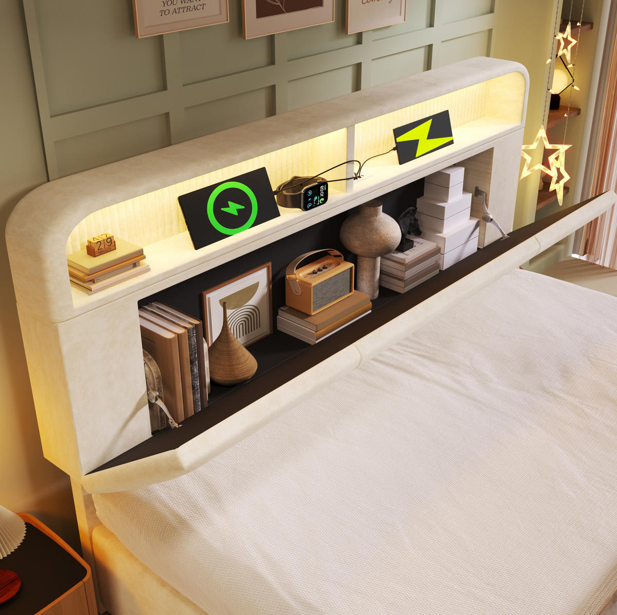 POLSTERBETT 180/200 cm Beige aus Samt mit LED und Stauraum-Kopfteil - Beige, Textil (180/200cm) - OKMYHOME