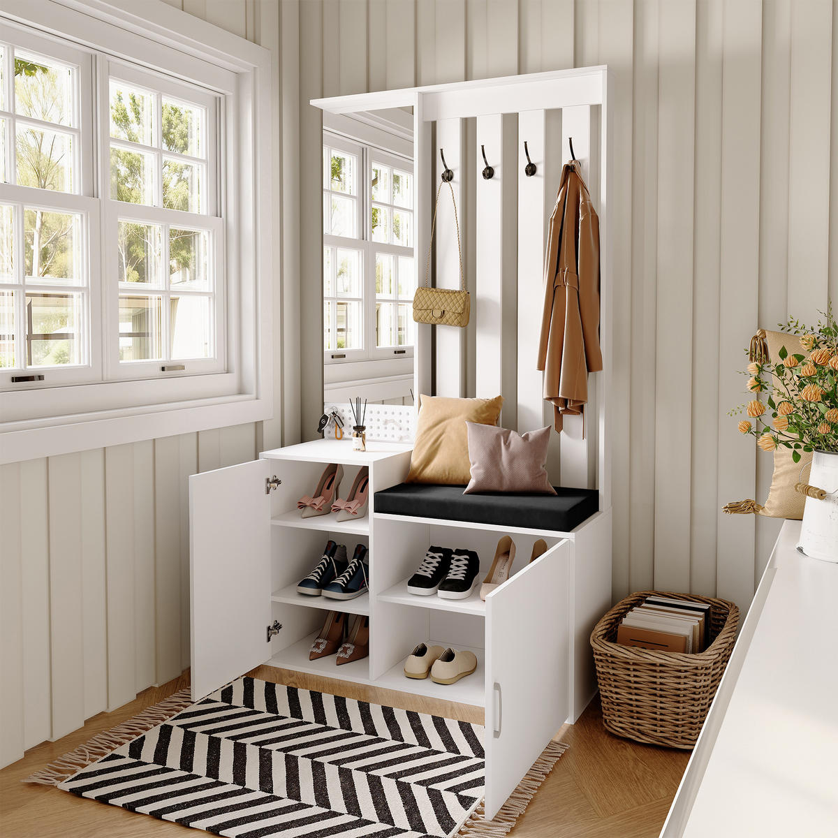 GARDEROBEN-SET WEISS mit Spiegel und Schuhbank, Schublade 100x40x180 cm - Weiß, Holz (100/180/40cm) - EuroLiving