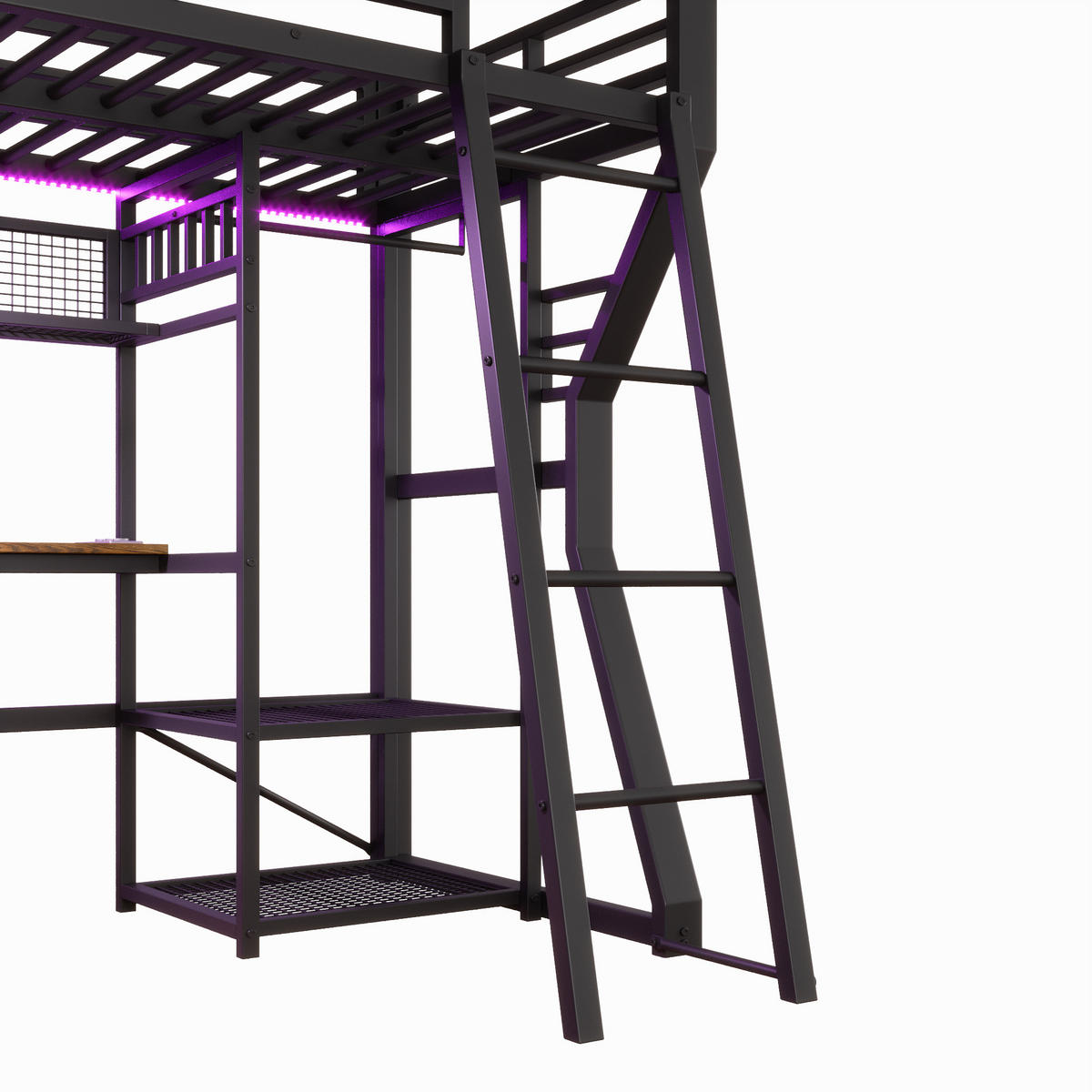 HOCHBETT 90/200 cm in Schwarz mit Lichtleiste, Steckdose, Schreibtisch und Staufächern aus MDF und Metall - Schwarz, Holzwerkstoff/Metall (90/200cm) - CHICFURN