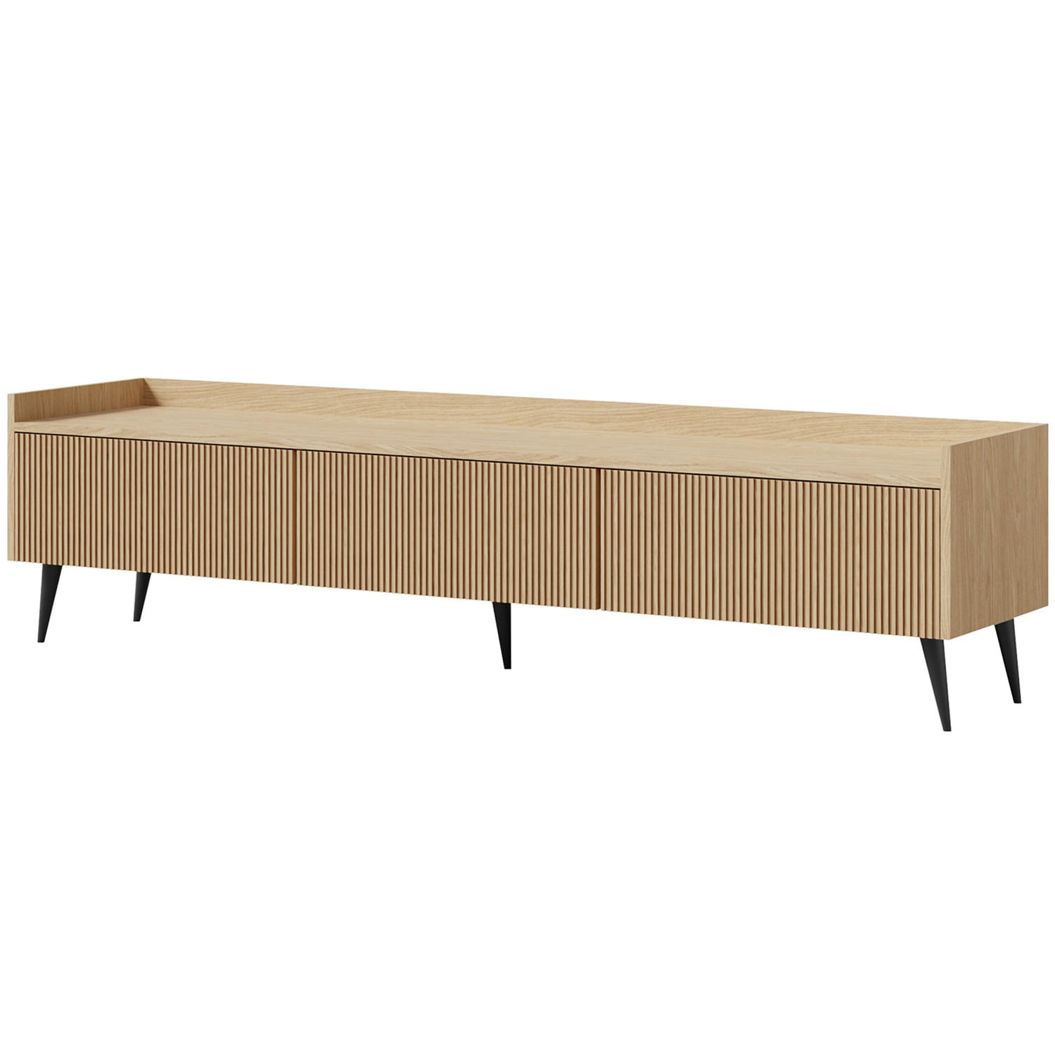 LOWBOARD Amfali mit 3 Klapptüren, geriffelte Fronten, Push-to-open, Metallbeine, 180 cm, Frühlings-Eiche - Eichefarben/Schwarz, Holzwerkstoff/Metall (180/45/41cm) - Beautysofa
