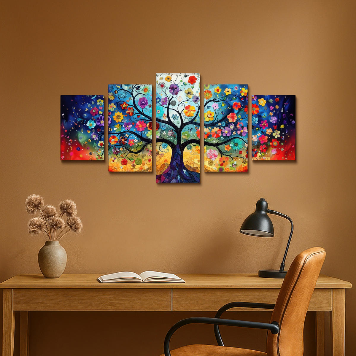 LEINWANDBILD 5er Set Bunt - Baum des Lebens - Blumen - Abstrakt 100x50 cm - Blau, Textil (100/50cm) - MuchoWow