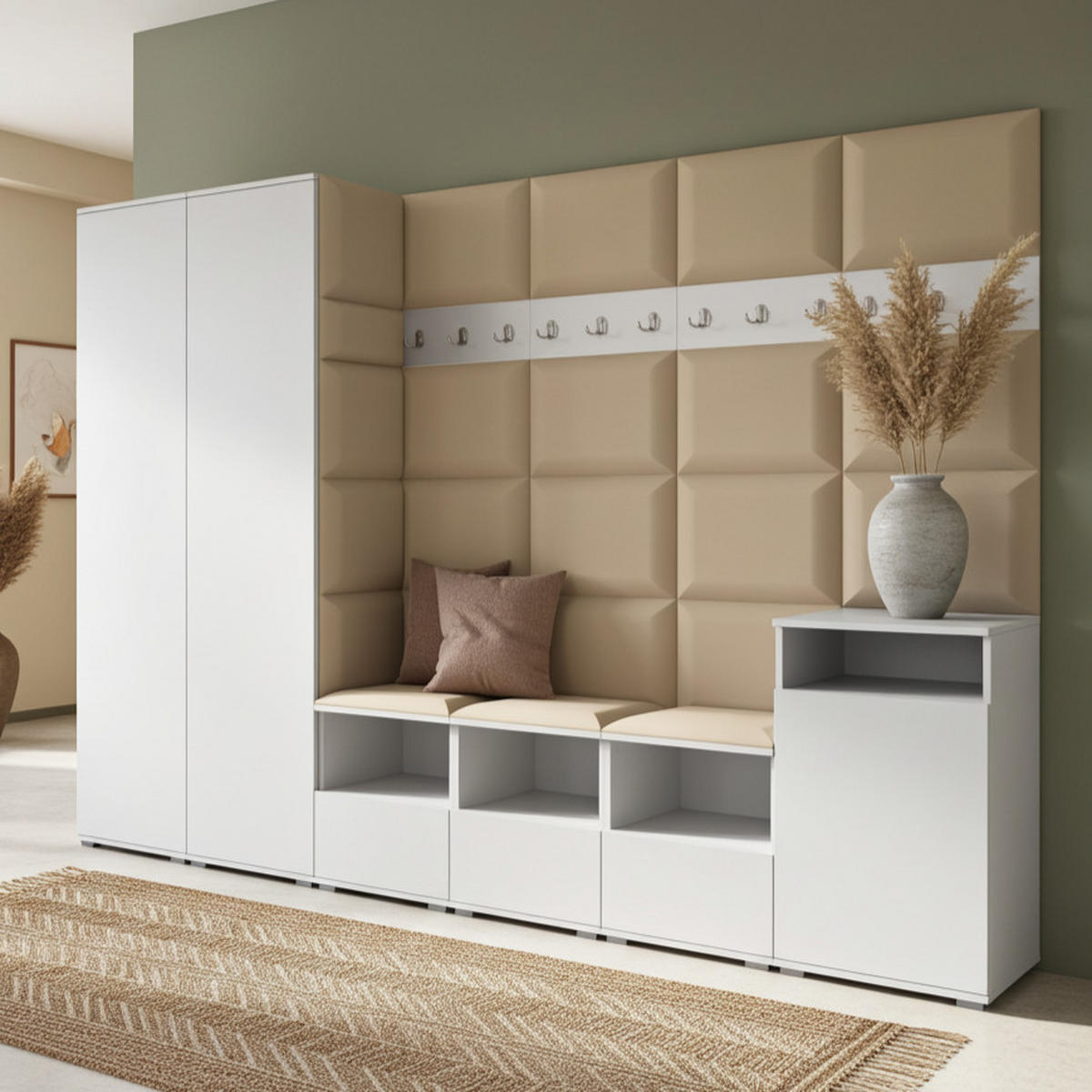 GARDEROBE NELA XII 300 cm (Modulare Flurmöbel Weiß mit Sitzpolster Beige 04 Gigantisches Set) - Beige/Silberfarben, Holz/Holzwerkstoff (300/187/40cm) - Ravio