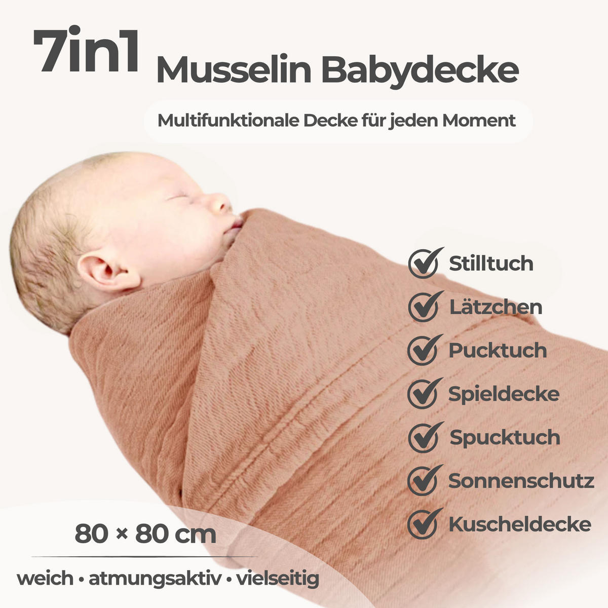 MUSSELINDECKE Babydecke Stilltuch Einschlagdecke Säuglingsdecke Mulltuch ab Geburt - Cappuccino, Textil (80/80cm) - nordic coast company