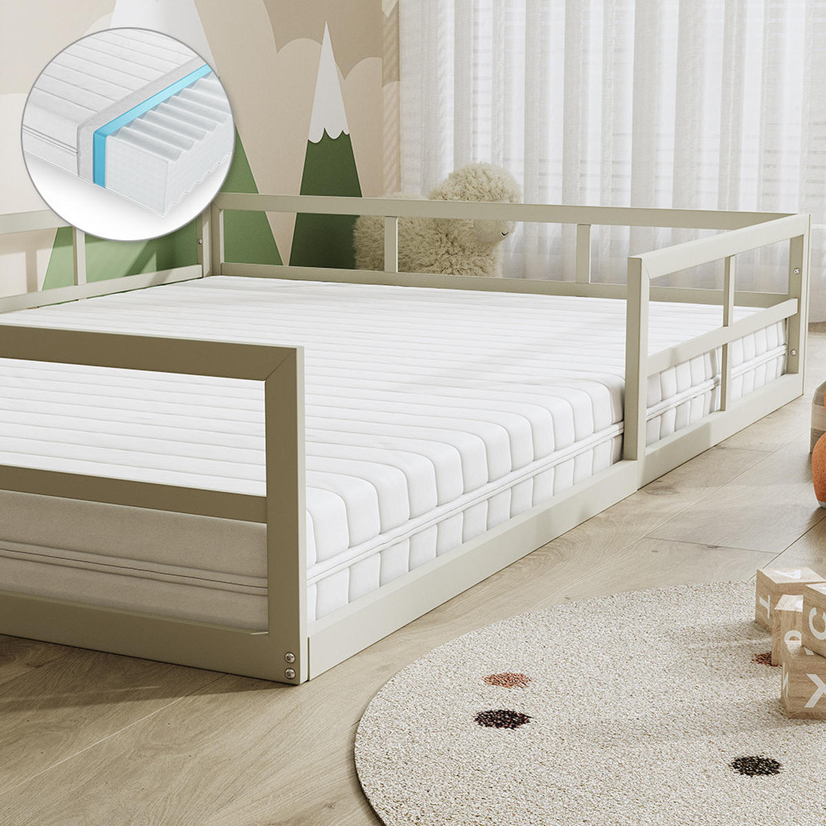 BODENBETT AUS METALL Minno Greige 140x200 mit Matratze - Greige, Metall - VitaliSpa