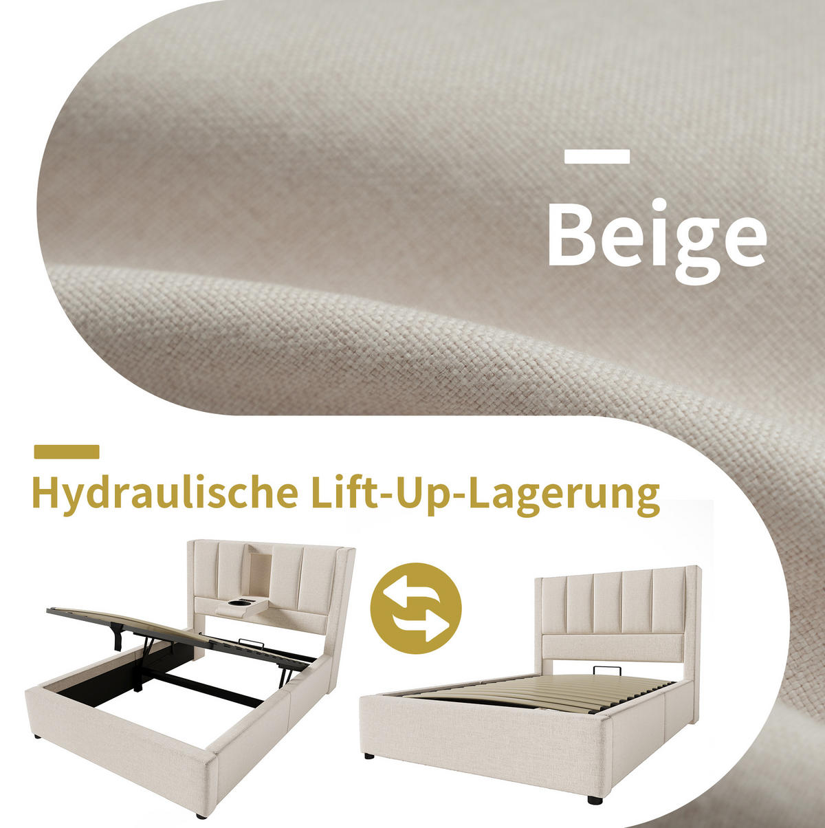 POLSTERBETT 90/200 cm Beige mit Stauraum, Matratze und USB- und Type-C-Anschlüssen - Beige, Textil (90/200cm) - Flora Grace