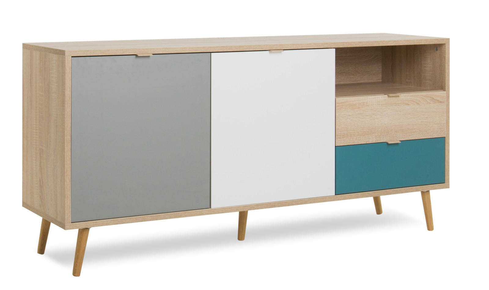 SIDEBOARD Eiche Sonoma, Petrol, weiß, grau 150 cm, Kommode Tricolor skandinavisch - Eichefarben/Petrol, Holz/Holzwerkstoff (150/71/40cm) - Furn.Design