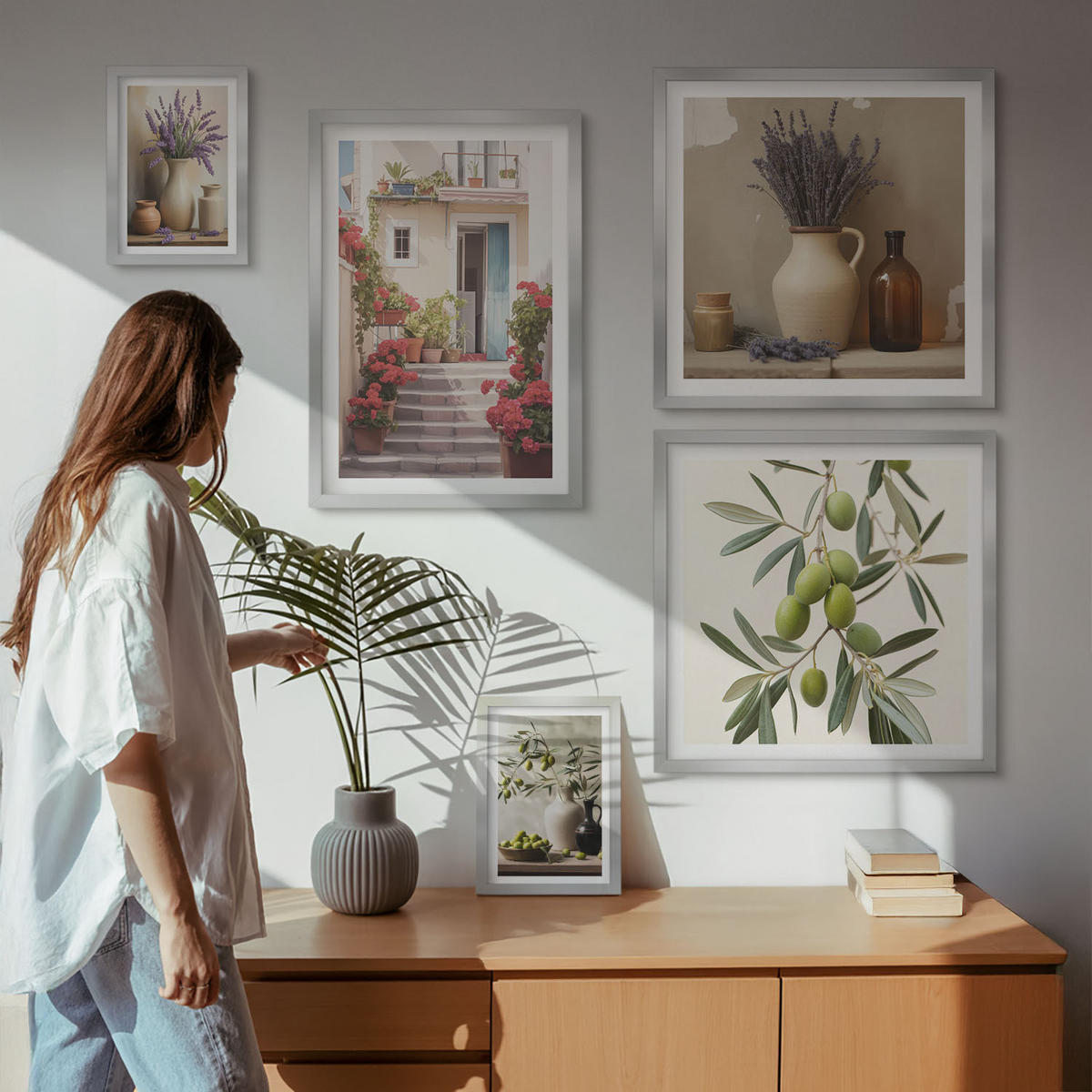 BILDER SET 5er Set - 50x50 cm & 20x30 cm & 40x60 cm Silberner Rahmen - Oliven in Keramikgrau - Silberfarben, Kunststoff (40/60cm) - TULUP