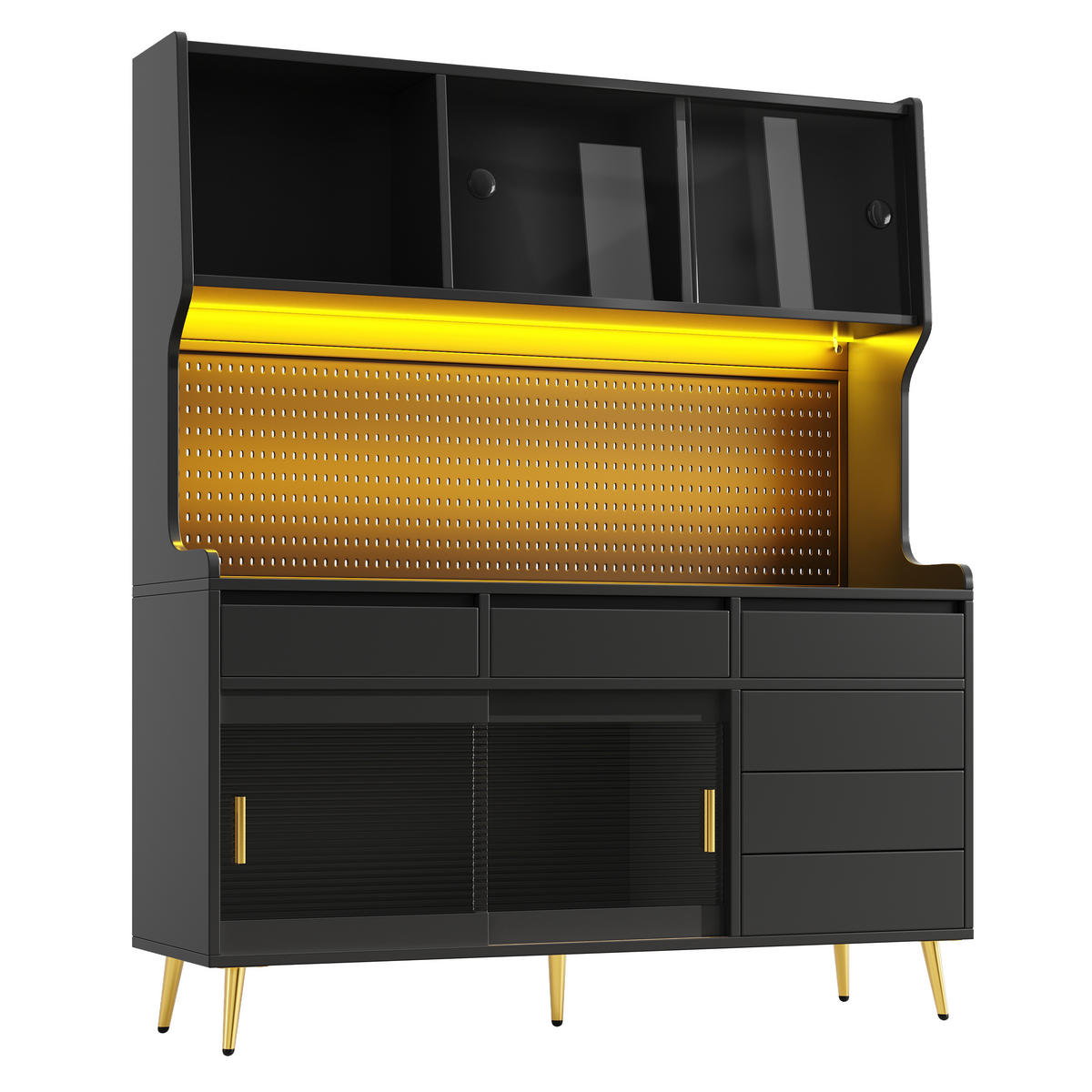 GESCHIRRSCHRANK aus MDF & Glas 145x39x171cm in Schwarz mit LED-App - Schwarz, Holzwerkstoff (145/171/39cm) - Modfu