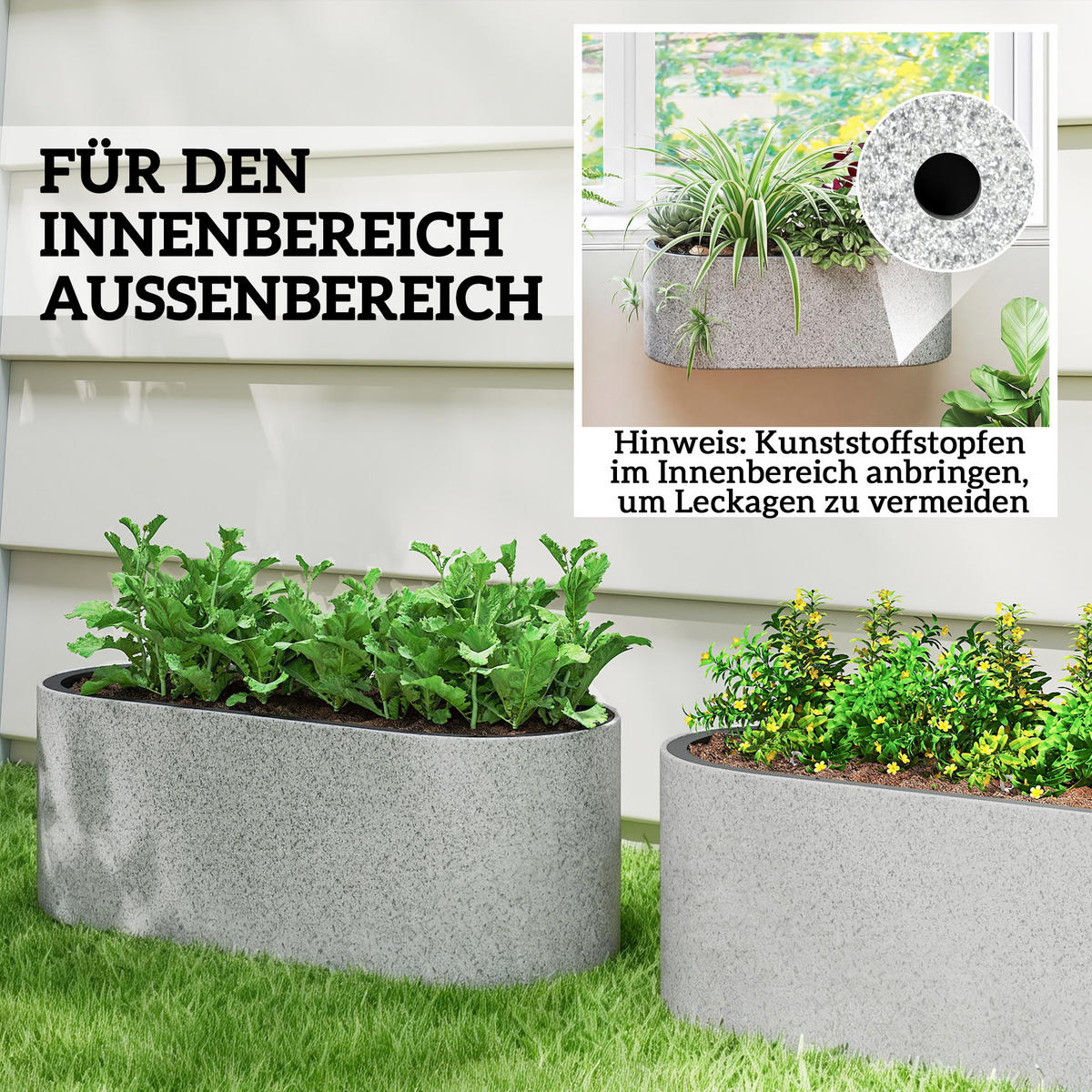 BLUMENTOPF 2er Set Kunststoff Hellgrau - Hellgrau, Kunststoff (15cm) - Outsunny