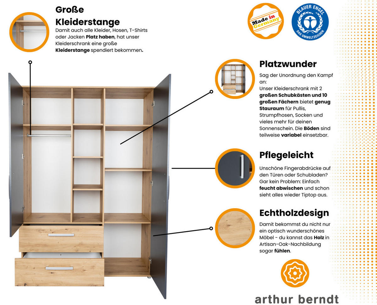 JUGENDZIMMER SET 3-tlg. Bett Kleiderschrank Bettkästen - Anthrazit/Silberfarben, Holzwerkstoff/Kunststoff (120/1/200cm) - arthur berndt