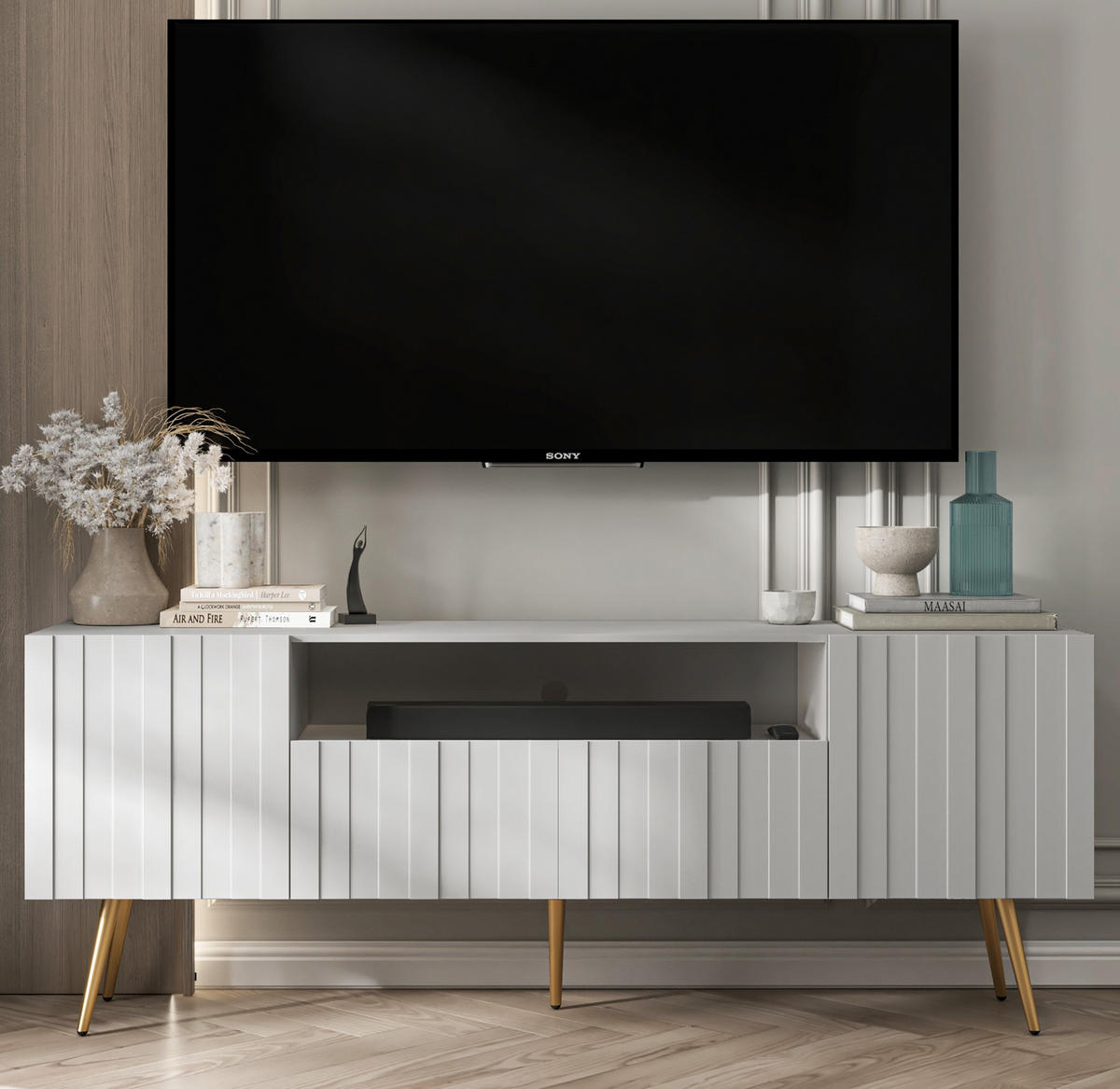 TV-SCHRANK Elpis2 Weiß Matt mit goldenen Metallbeine Glamour 150 cm - Goldfarben/Weiß, Holzwerkstoff/Metall (150/60.5/36.5cm) - Meble Lindner