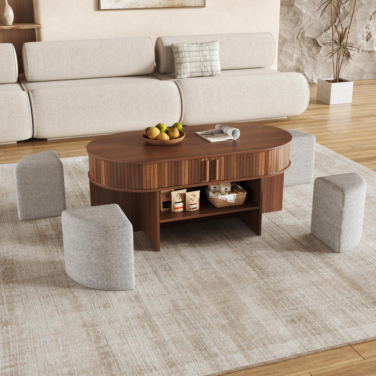 COUCHTISCH-SET DE-37043 oval mit Schiebetüren und Hockern Nussbaum - Walnussfarben, Holzwerkstoff (120/60/51.5cm) - ComfortXL