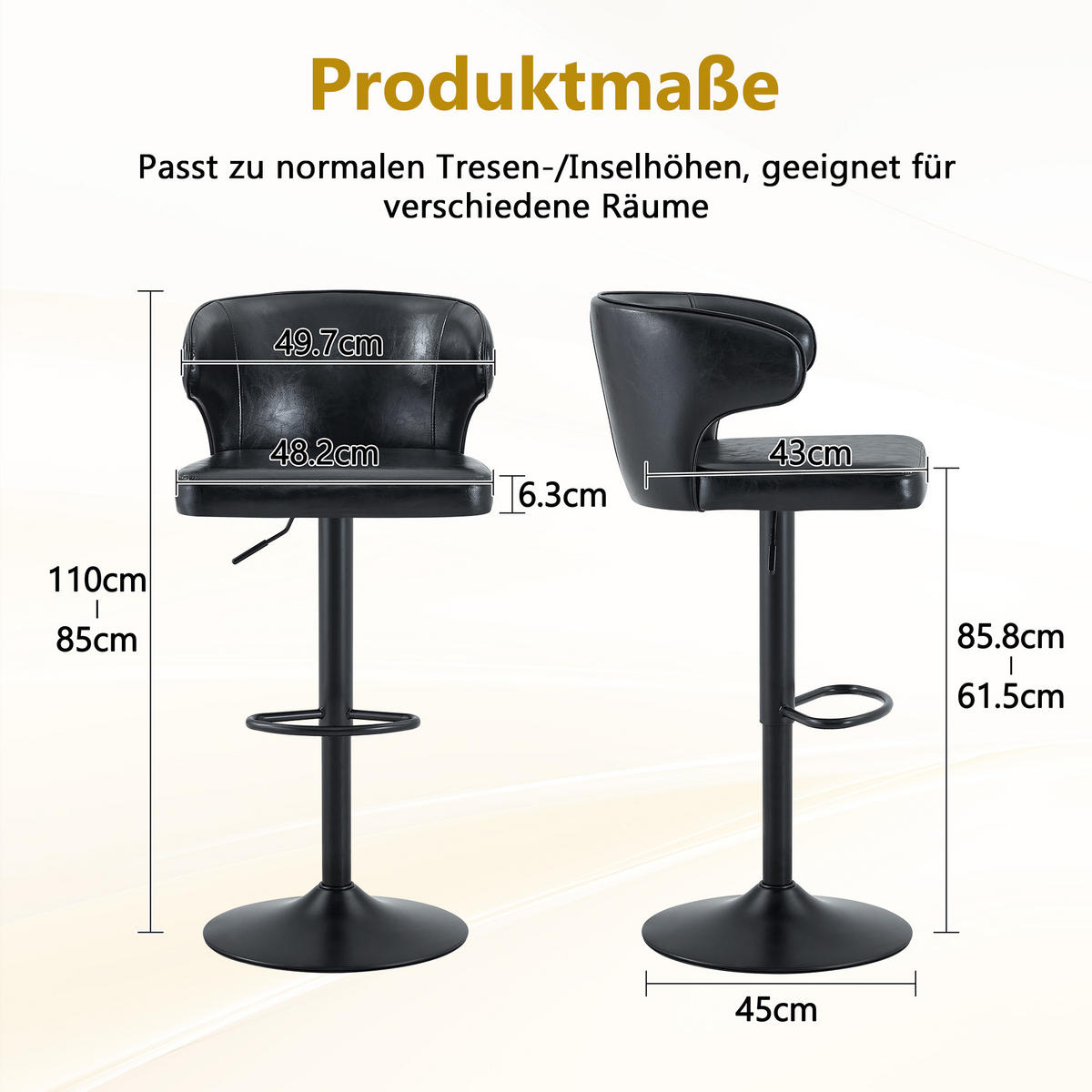 BARHOCKER DE-36725 2er-Set höhenverstellbar mit 360°-Drehung und PU Schwarz - Schwarz, Metall (45/110/49.7cm) - ComfortXL