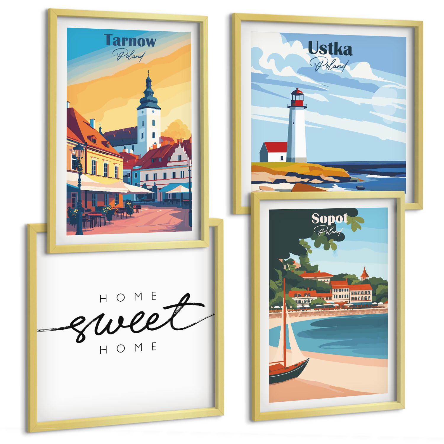 BILDER SET 4er Set - 50x50 cm & 40x60 cm Goldrahmen - Polnische Städte Ustka Tarnów Sopot - Goldfarben, Kunststoff (50/50cm) - TULUP