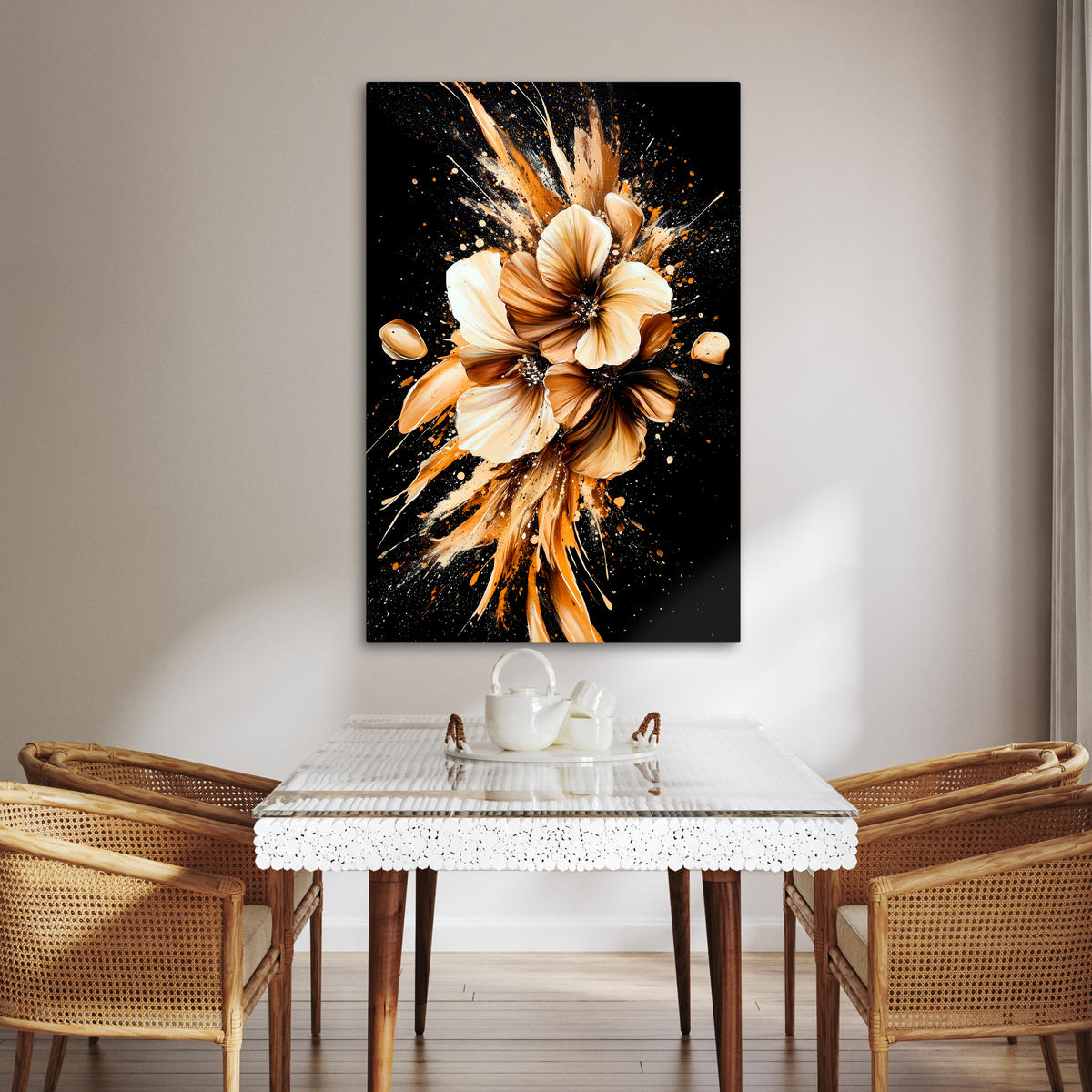LEINWANDBILD Blumen - Gold - Graffiti - Schwarz - Abstrakt 80x120 cm - Cappuccino, Textil (80/120cm) - MuchoWow