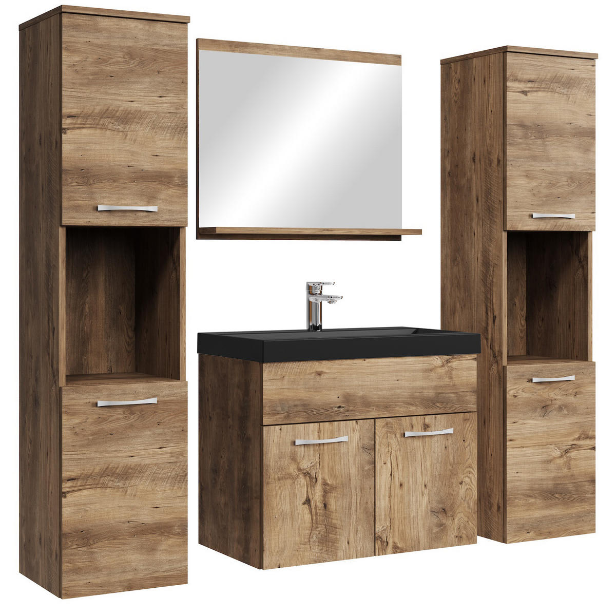BADMÖBEL-SET Montreal 5 Teile Braun Eiche - Schwarze Waschbecken - 60 x 35 x 51 cm - Eichefarben/Schwarz, Holz (60/51/35cm) - Badplaats